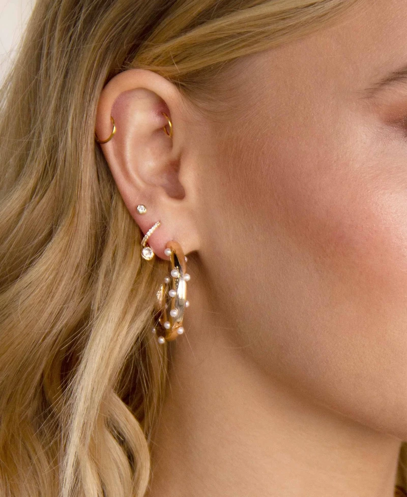Ettika 18K Gold Plated and Imitation Pearl Studded Hoops