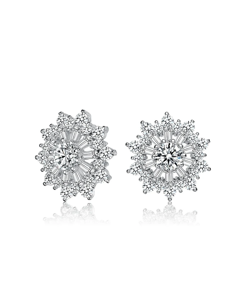 Gv Sterling Silver White Gold Plated Clear Round and Baguette Cubic Zirconia Wreath Stud Earrings