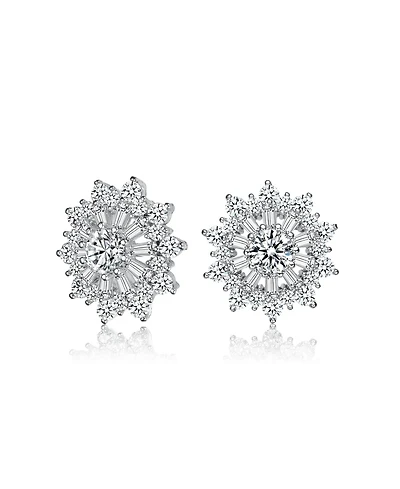 Gv Sterling Silver White Gold Plated Clear Round and Baguette Cubic Zirconia Wreath Stud Earrings