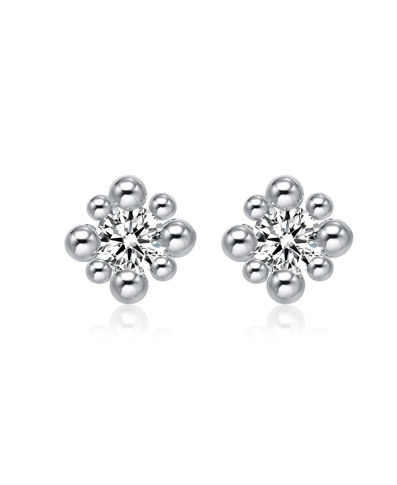 Gv Sterling Silver White Gold Balls with Clear Round Cubic Zirconia Stud Earrings