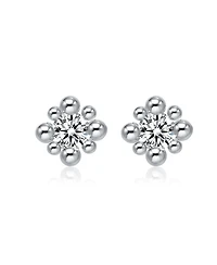 Gv Sterling Silver White Gold Balls with Clear Round Cubic Zirconia Stud Earrings