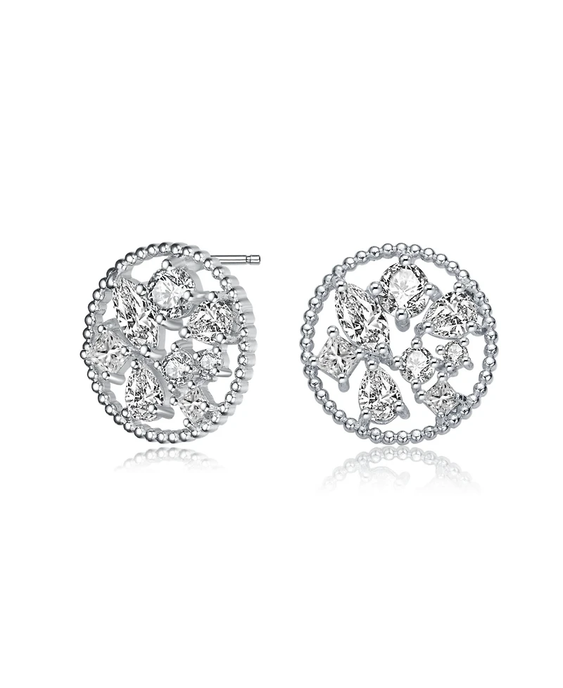 Gv Sterling Silver White Gold Plated Ball Halo with Clear Multi Shape Cubic Zirconia Round Earrings