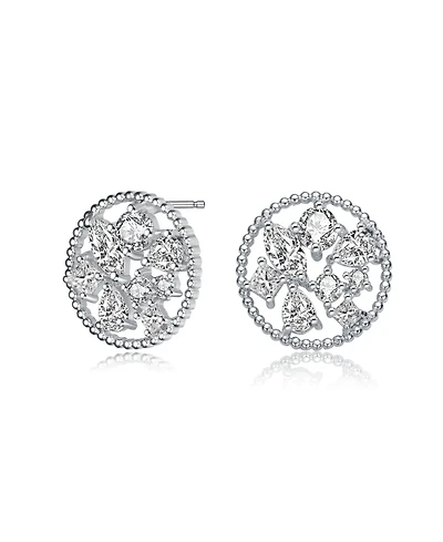 Gv Sterling Silver White Gold Plated Ball Halo with Clear Multi Shape Cubic Zirconia Round Earrings