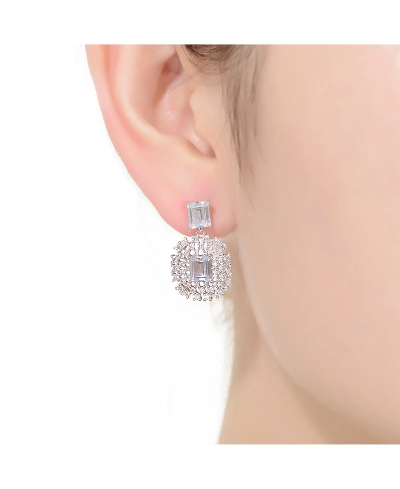 Gv Sterling Silver White Gold Plated Clear Green with Round Cubic Zirconia Lace Cluster Drop Earrings