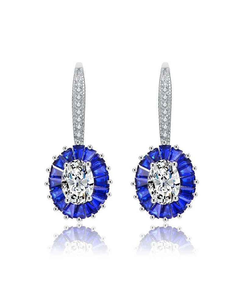 Gv Sterling Silver White Gold Plated and Blue Cubic Zirconia Leaverback Earrings