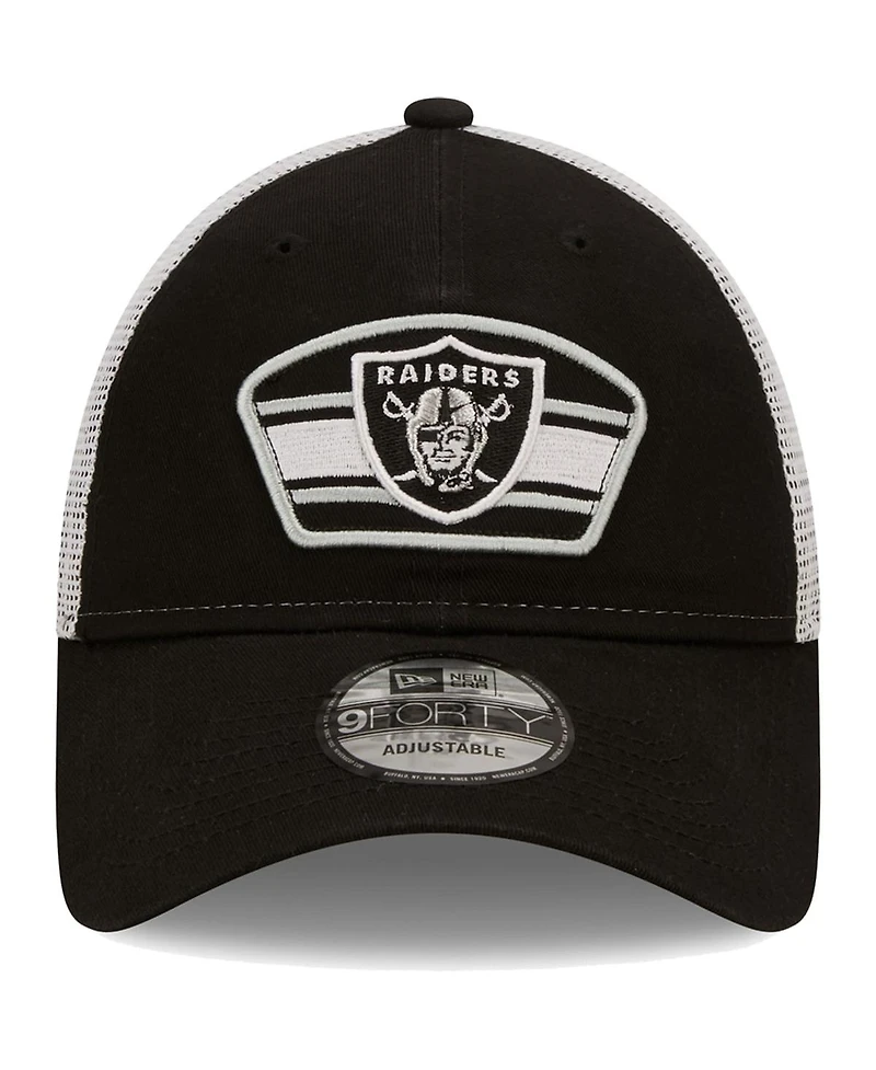 Men's New Era Black, White Las Vegas Raiders Logo Patch Trucker 9Forty Snapback Hat
