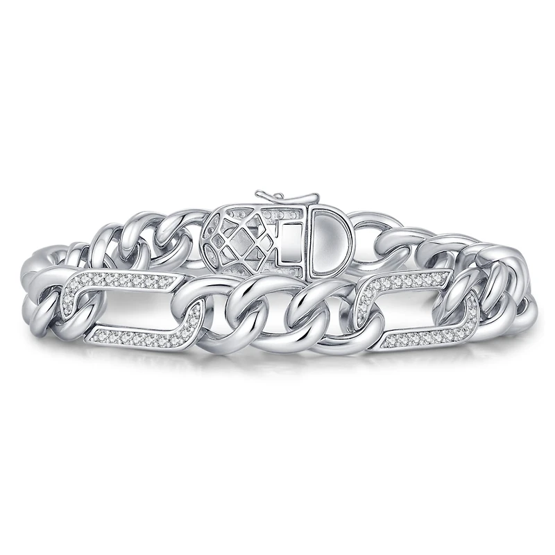Men's Sterling Silver White Gold Plated with Iced Out Cubic Zirconia Paper Clip Curb Chain Bracelet