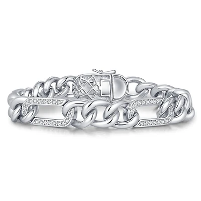 Men's Sterling Silver White Gold Plated with Iced Out Cubic Zirconia Paper Clip Curb Chain Bracelet