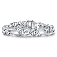 Men's Sterling Silver White Gold Plated with Iced Out Cubic Zirconia Paper Clip Curb Chain Bracelet