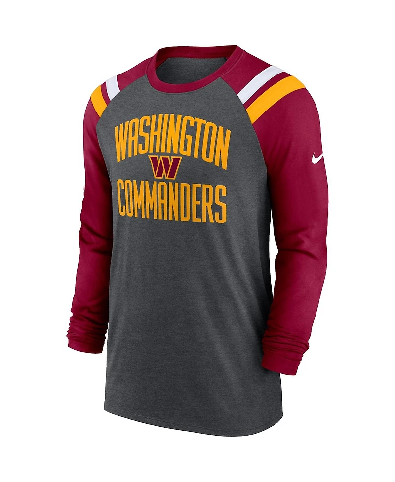 Men's Nike Heathered Charcoal, Burgundy Washington Commanders Tri-Blend Raglan Athletic Long Sleeve Fashion T-shirt