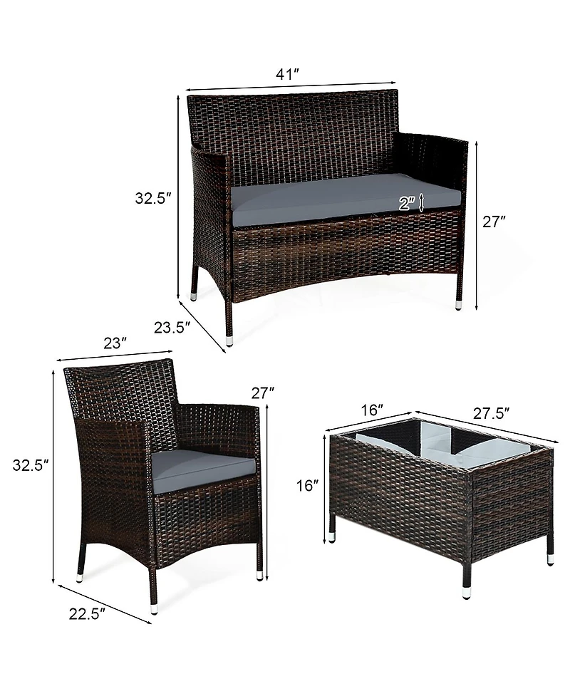 4 Pcs Outdoor Patio Rattan Furniture Set Table Shelf Sofa