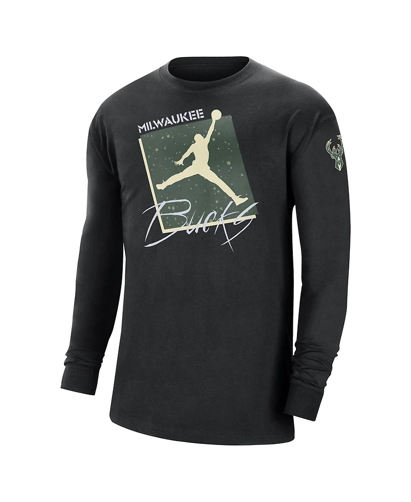 Men's Jordan Black Milwaukee Bucks Courtside Max 90 Vintage-Like Wash Statement Edition Long Sleeve T-shirt