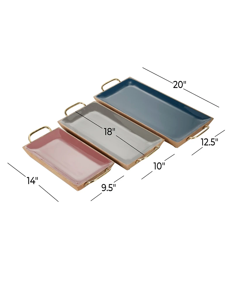 Rosemary Lane Multi Colored Mango Wood Tray with Enamel Interior, Set of 3, 24", 18", 15" W