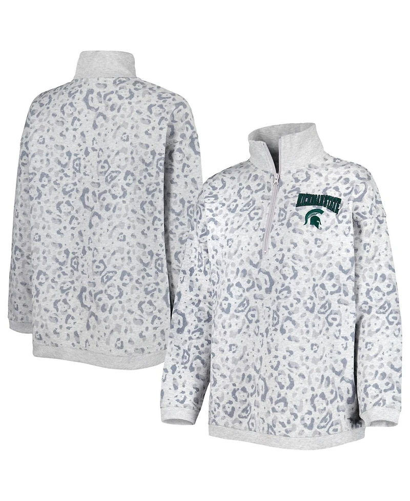 Women's Gameday Couture Heather Gray Michigan State Spartans Leopard Quarter-Zip Sweatshirt