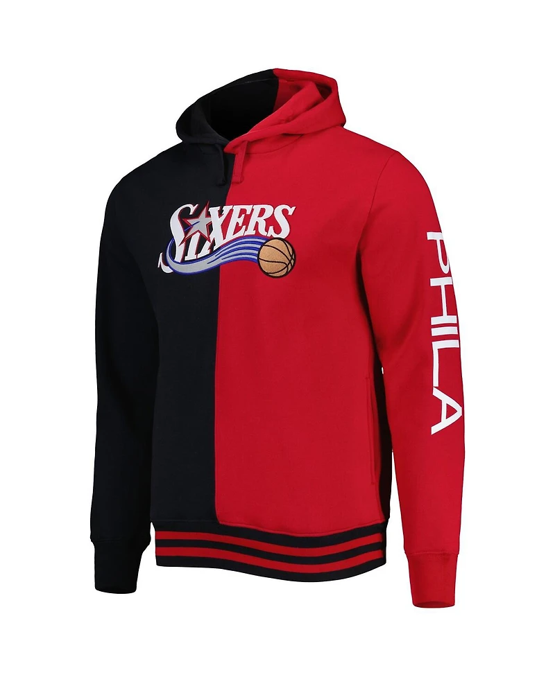 Men's Mitchell & Ness Black and Red Philadelphia 76ers Hardwood Classics Split Pullover Hoodie