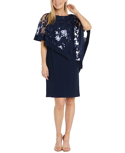 R & M Richards Women's Sequined Floral-Lace Poncho Dress