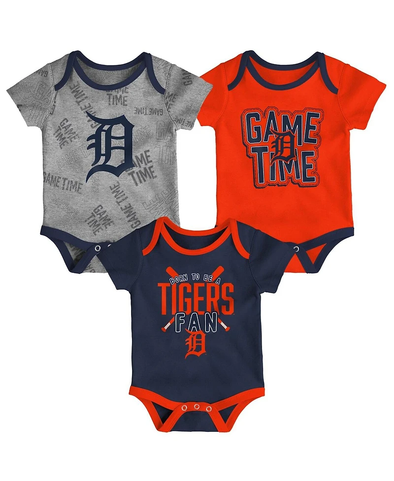 Newborn and Infant Boys and Girls Detroit Tigers Navy, Orange, Heathered Gray Game Time Three-Piece Bodysuit Set