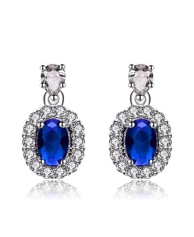 Extra Mini Sterling Silver White Gold Plated Blue Oval Cubic Zirconia with Clear Pear and Round Cubic Zirconias Accent Earrings