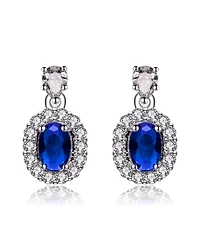 Extra Mini Sterling Silver White Gold Plated Blue Oval Cubic Zirconia with Clear Pear and Round Cubic Zirconias Accent Earrings