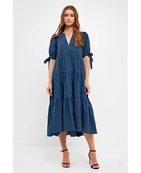 English Factory Women's Gingham Tiered Midi Dress with Bow Tie Sleeves