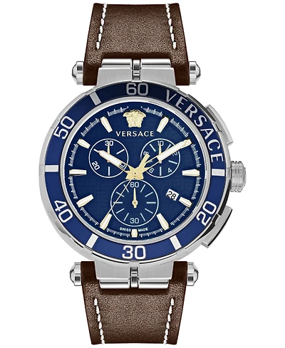 Versace Men's Swiss Chronograph Greca Brown Leather Strap Watch 45mm