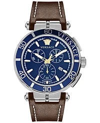 Versace Men's Swiss Chronograph Greca Brown Leather Strap Watch 45mm