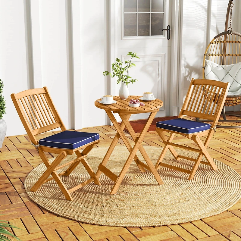 Costway 3PCS Patio Folding Wooden Bistro Set Cushioned Chair Conversation