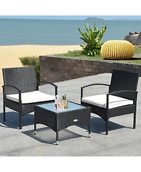 Costway 3 Pcs Furniture Set Table & 2 Chair Patio Wicker Rattan W/Cushion