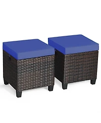 2PCS Patio Rattan Ottoman Cushioned Seat Foot Rest Coffee Table Furniture Garden