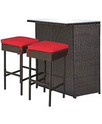 3PCS Patio Rattan Wicker Bar Table Stools Dining Set Cushioned