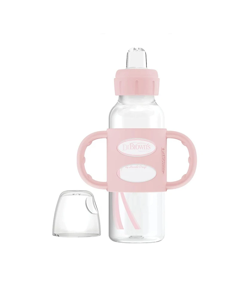 Dr. Browns Baby Narrow Sippy Baby Bottle with 100% Silicone Handles, 8oz, Pink