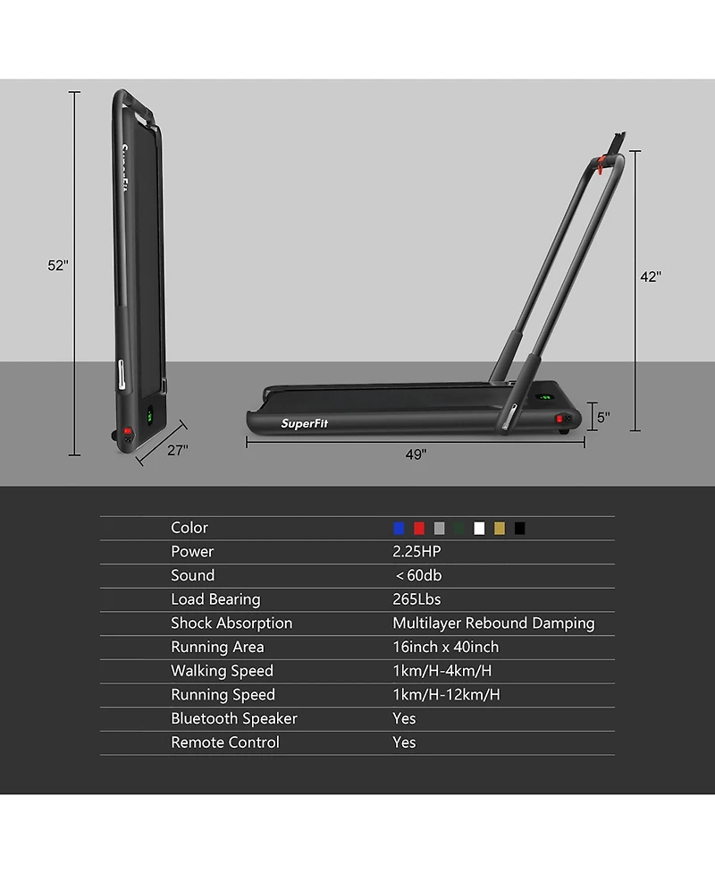 2.25HP 2-in-1 Folding Under Desk Treadmill Speaker Remote Control