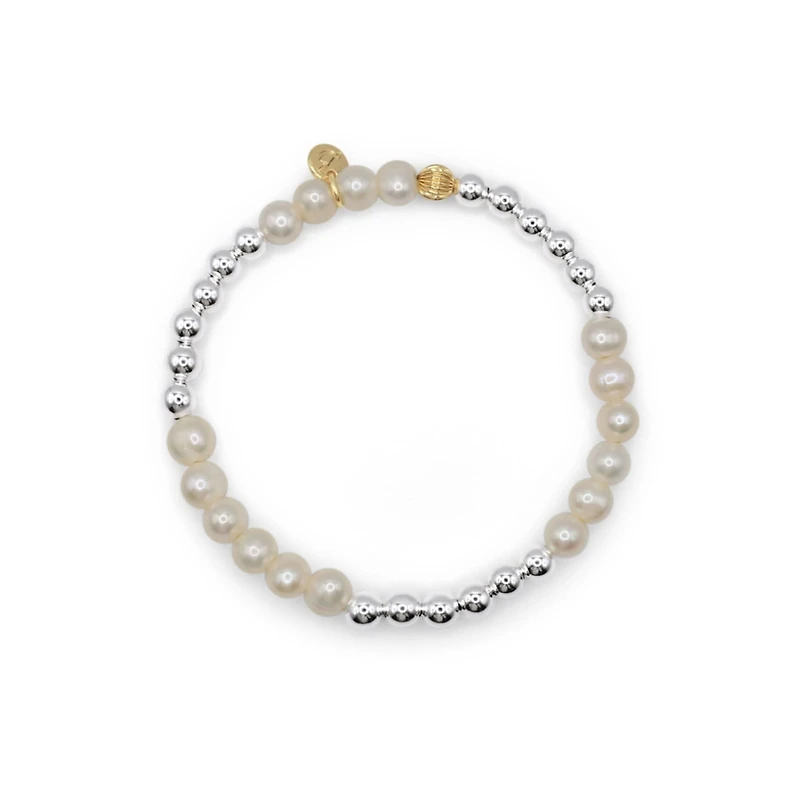 Bowood Lane 5mm Silver Ball and Freshwater Pearl Stretch Bracelet