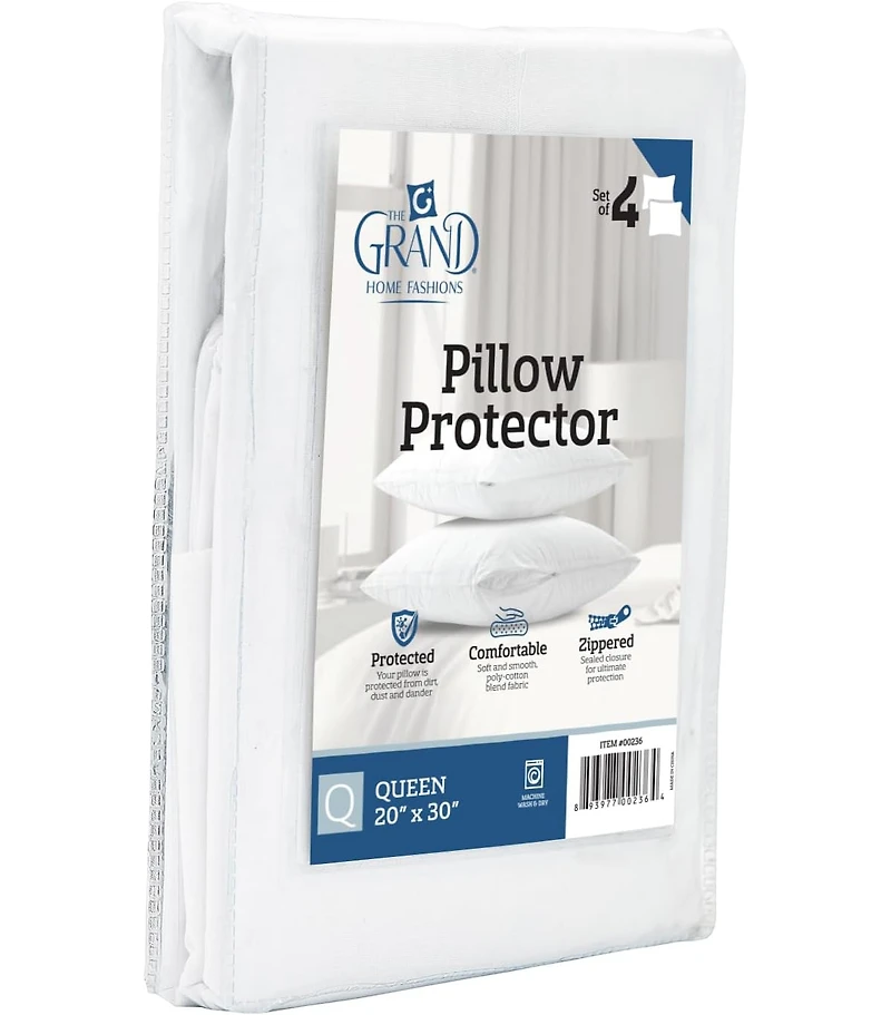 The Grand Poly-Cotton Zippered Pillow Protector - 200 Thread Count - Protects Against Dust, Dirt, and Debris - Queen Size - 4 Pack