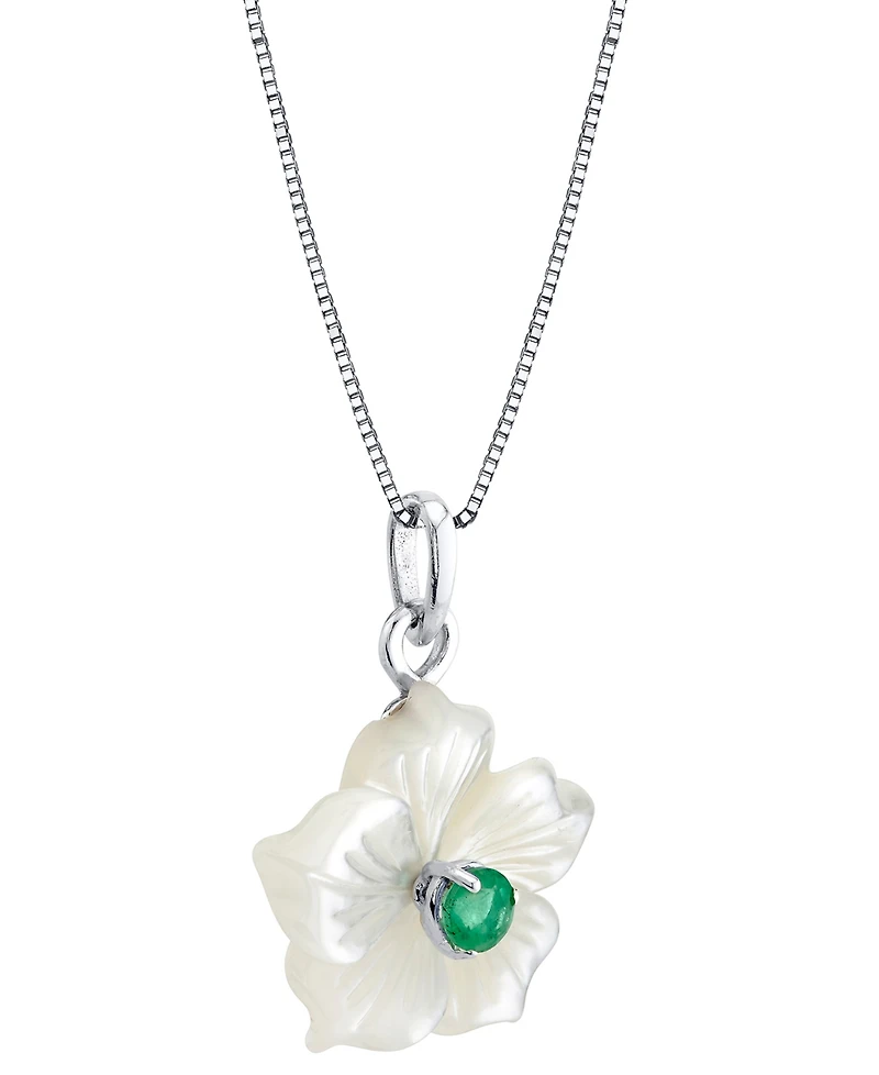 Mother-of-Pearl (18mm) & Emerald (1/3 ct. t.w.) Flower 18" Pendant Necklace in Sterling Silver