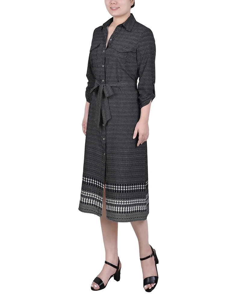 Ny Collection Petite 3/4 Roll Tab Sleeve Belted Shirtdress