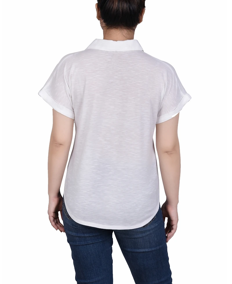 Ny Collection Petite Woven Front, Jersey Back Short Sleeve Top