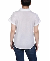 Ny Collection Petite Woven Front, Jersey Back Short Sleeve Top