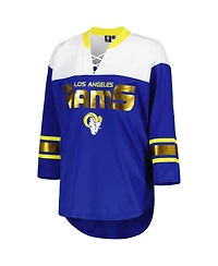 Women's G-iii 4Her by Carl Banks Royal, White Los Angeles Rams Double Team 3/4-Sleeve Lace-Up T-shirt