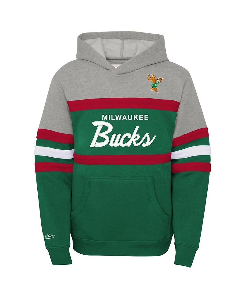 Big Boys and Girls Mitchell & Ness Heather Gray, Green Milwaukee Bucks Hardwood Classics Head Coach Pullover Hoodie