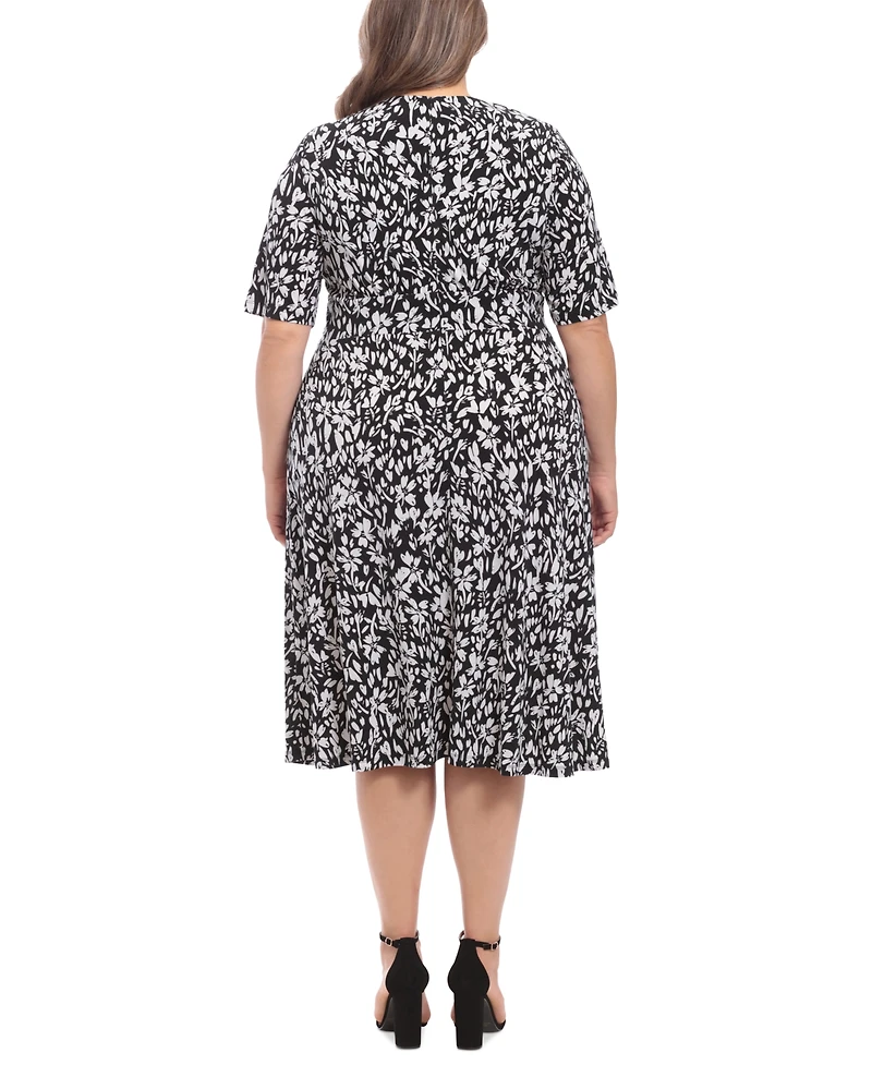 London Times Plus Floral-Print Short-Sleeve Midi Dress