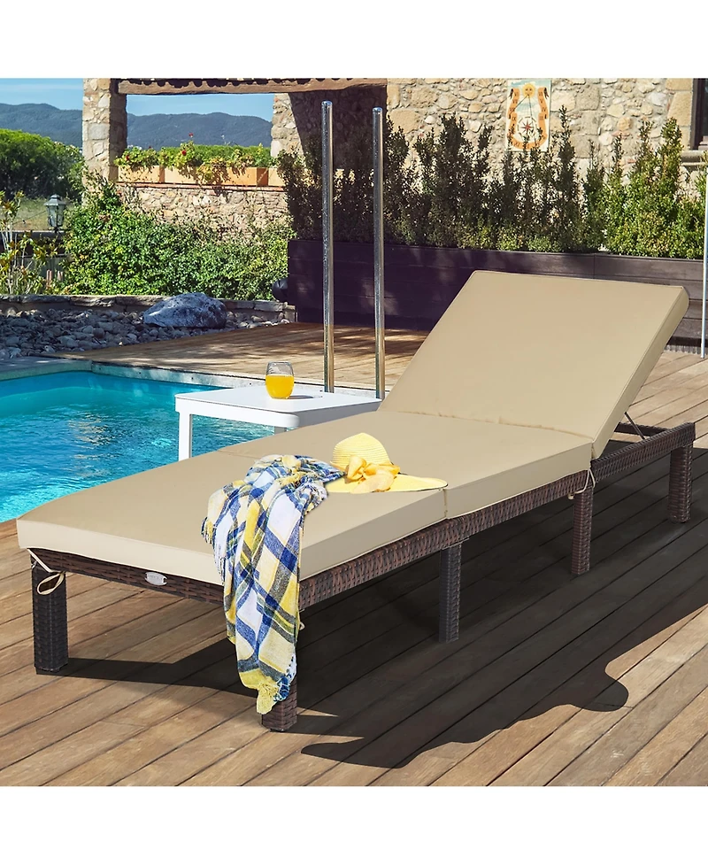 Costway Outdoor Rattan Lounge Chair Chaise Recliner Adjustable Cushioned Patio