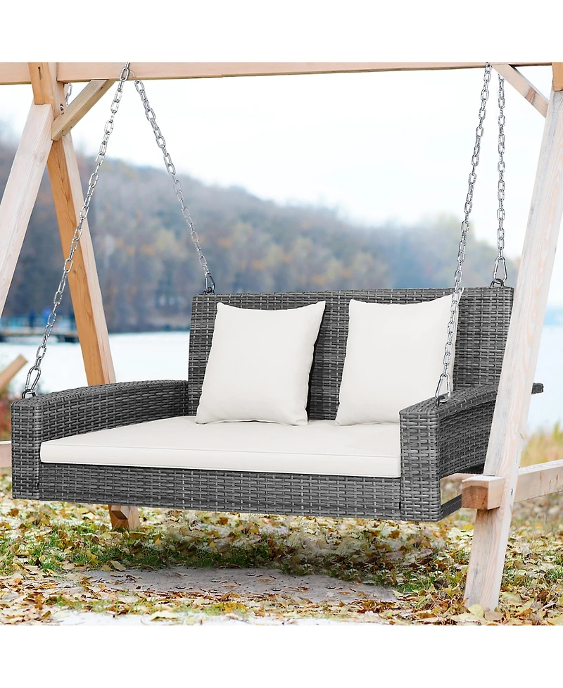 2-Person Patio Pe Wicker Hanging Porch Swing Bench Chair Cushion 800lbs