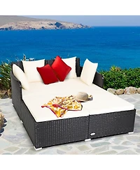Outdoor Patio Rattan Daybed Thick Pillows Cushioned Sofa Furniture