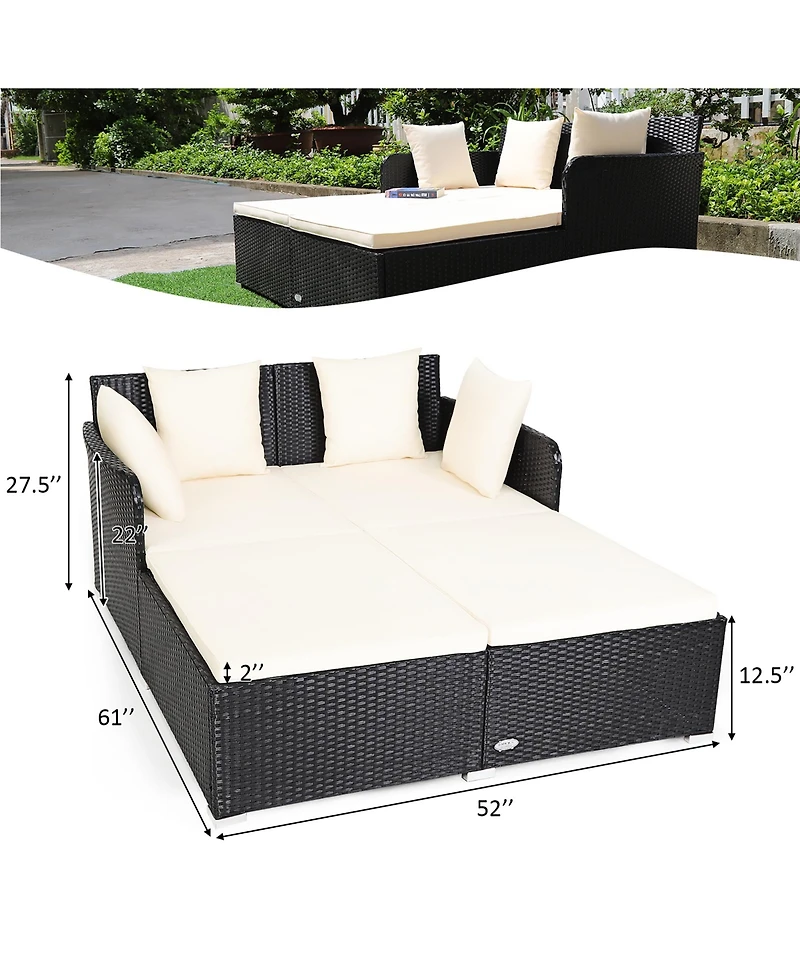 Outdoor Patio Rattan Daybed Thick Pillows Cushioned Sofa Furniture