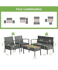 4PCS Patio Rattan Furniture Set Cushioned Chair Wooden Tabletop