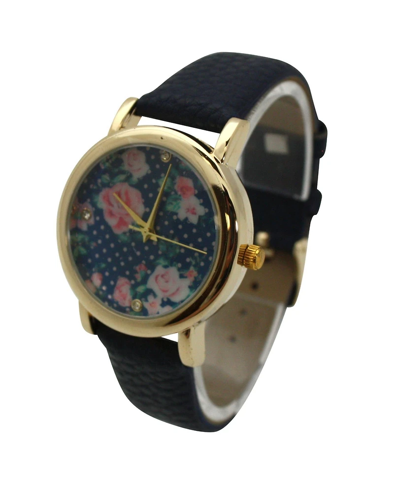Olivia Pratt Navy Solid Colors with Flowers Details Women Watch