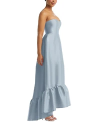 Alfred Sung Women's Strapless Deep Ruffle Hem Satin High Low Dress with Pockets