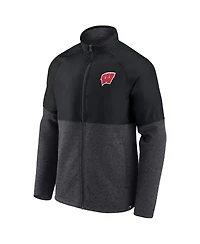 Men's Fanatics Black, Heathered Charcoal Wisconsin Badgers Durable Raglan Full-Zip Jacket
