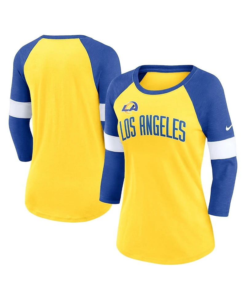 Women's Nike Los Angeles Rams Heather Gold, Heather Royal Football Pride Raglan 3/4-Sleeve T-shirt